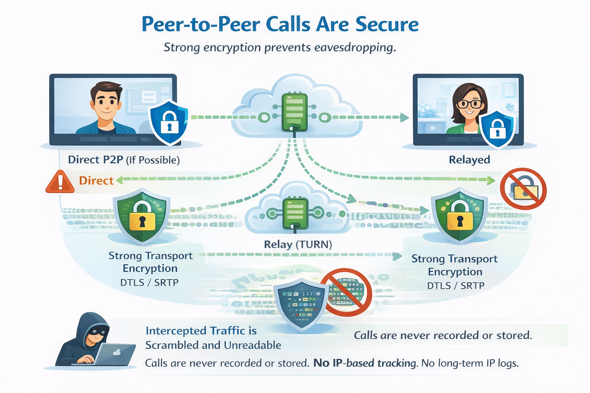 Are iCallU.online video calls peer-to-peer, and can they be hacked while traveling over the network?