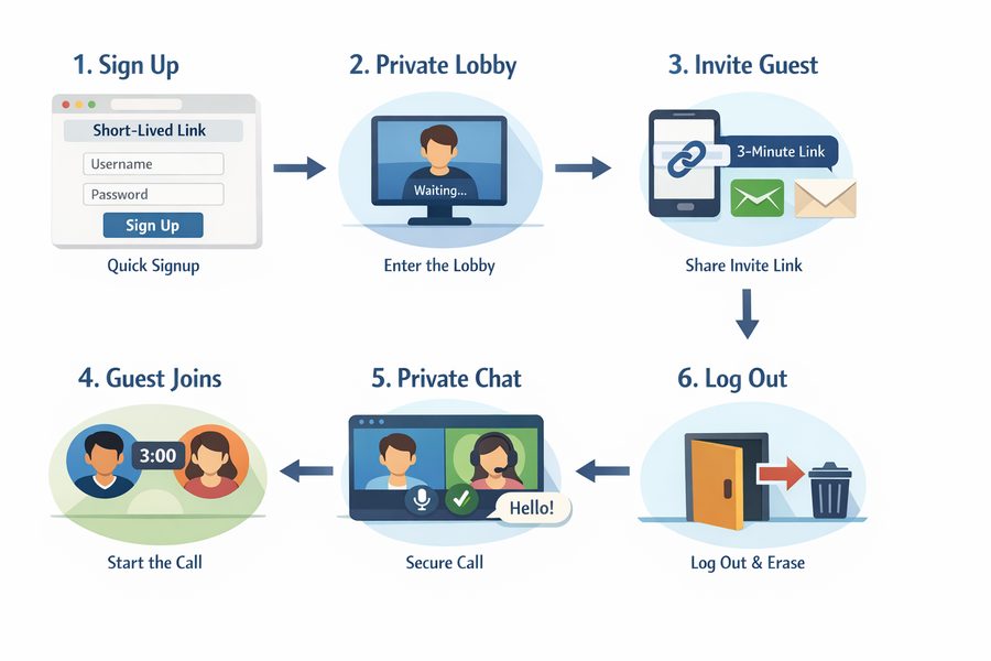 Signup, lobby, invite, and secure call flow